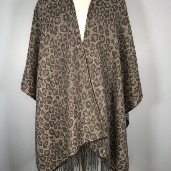 Woolrich Leopard Print Fringe Poncho Wrap One Size Polyester & Viscose Brown/Gra - Picture 4 of 8